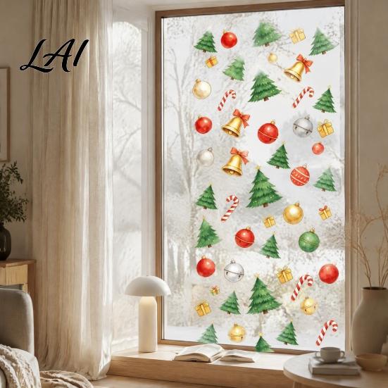 Window Decoration Decal Christmas Static Cling Xmas Tree Snowman Santa Hat Bell PVC Cling Glass Sticker Removable Reusable for Holiday Party Sticker
