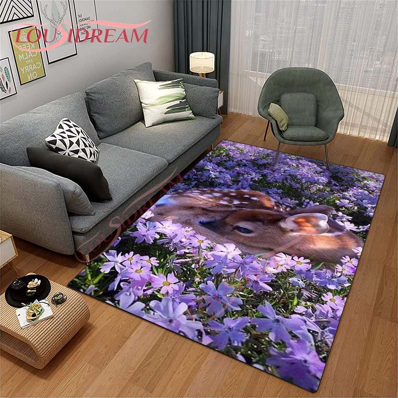 3D Cartoon Deer Rug Wildlife Mountain Landscape with Forest Carpet for Home Living Room Elk Carpet for Laundry Kids Play Carpets