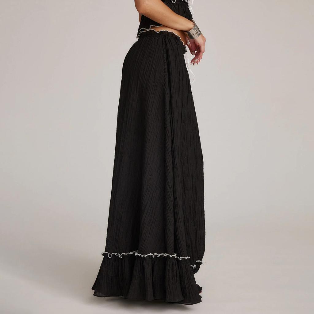 Women's 2 Piece Skirt Outfits Sleeveless Ruffle Trim Camisole Long Tie Up Skirt Set