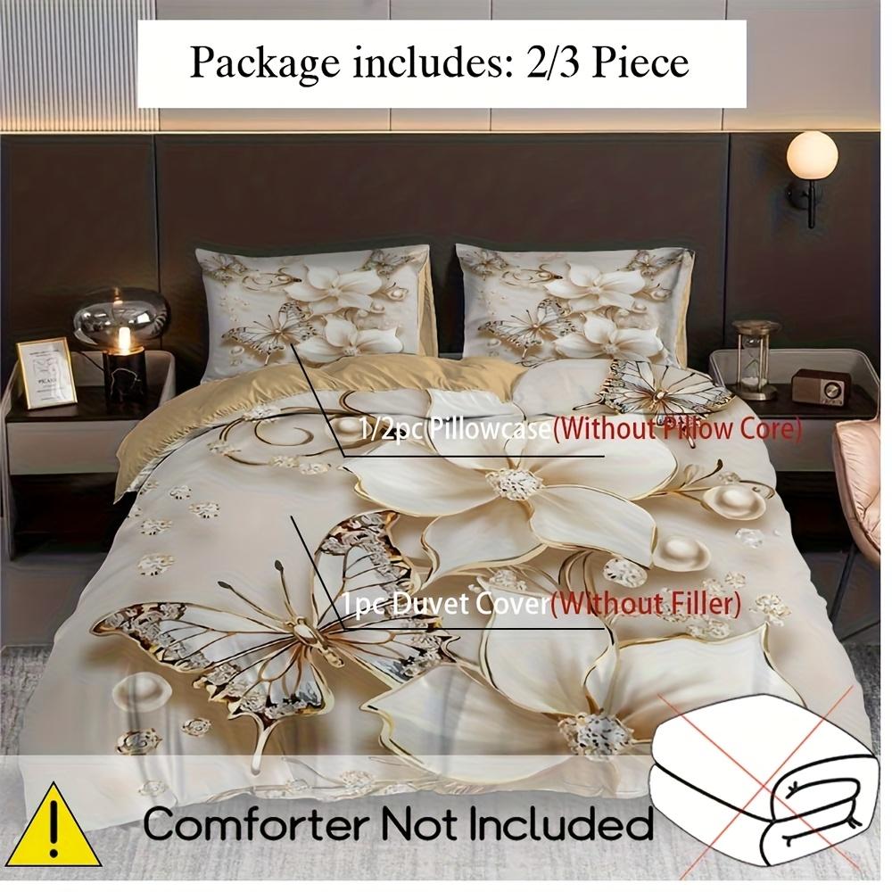 2/3pcs Elegant Golden Diamond Butterfly Floral Print Duvet Cover Set (1 Duvet Cover + 1/ 2 Pillowcase, Without Core), 3D Luxury