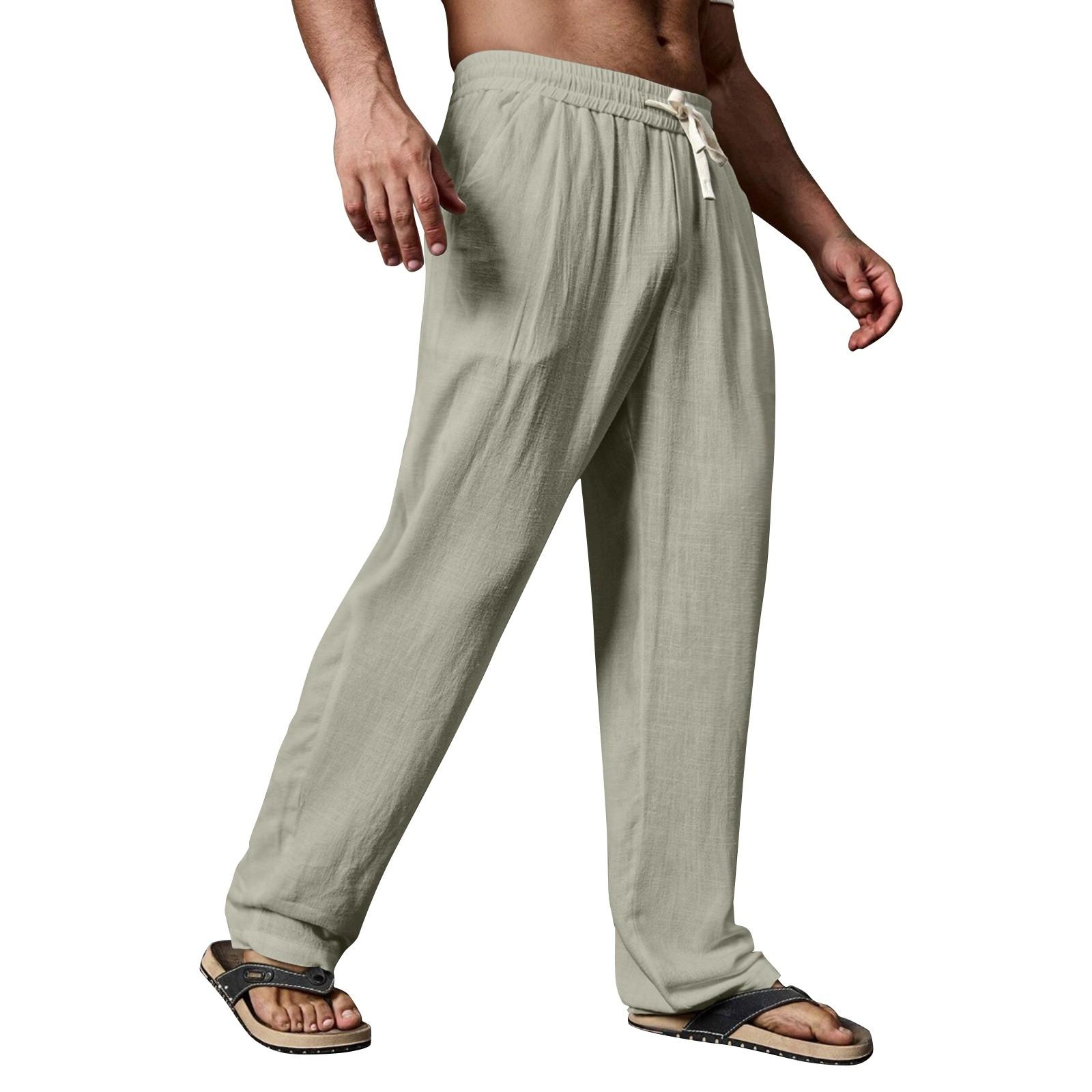 

Мужские летние повседневные брюки на шнурке Мужские дышащие брюки из хлопка и льна L хаки