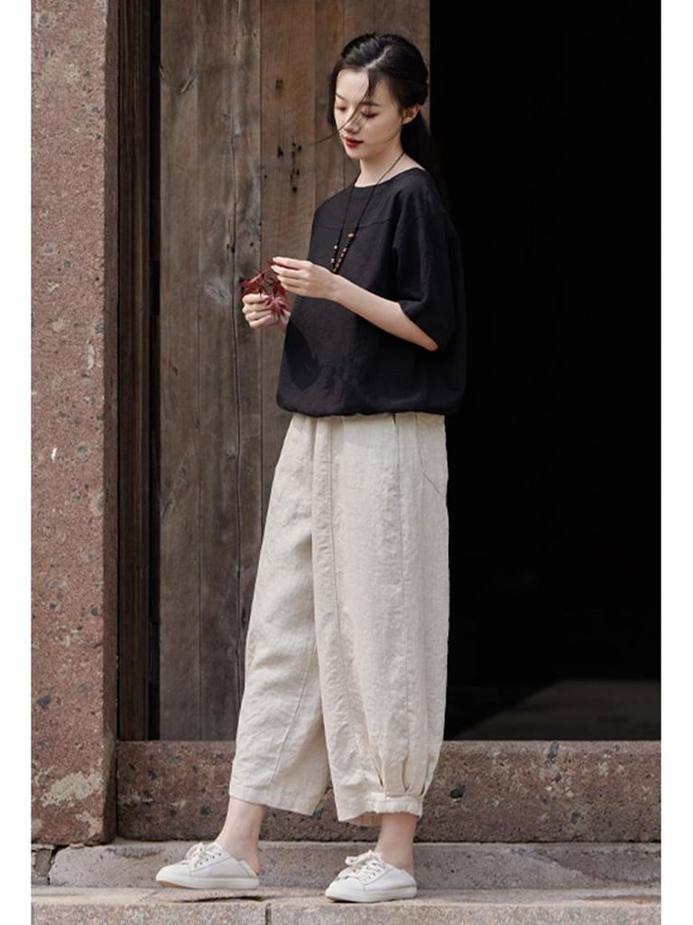 Summer Cotton Linen Women's Retro Patchwork Round Neck Short Sleeve Top