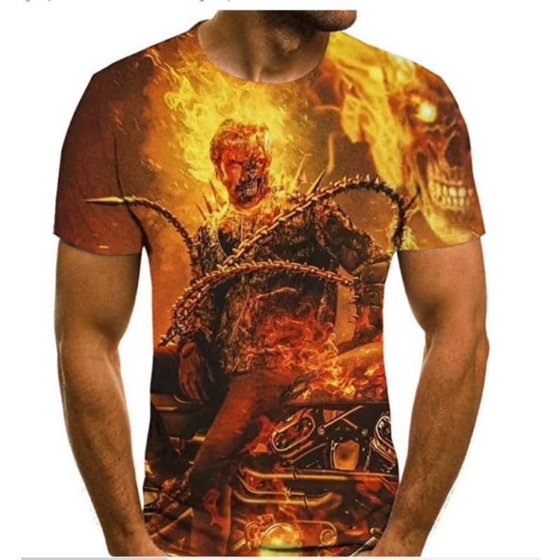 Summer Round Neck 3D Flame Skull Print Top Fashionable Casual Short Sleeved Men's T-shirts