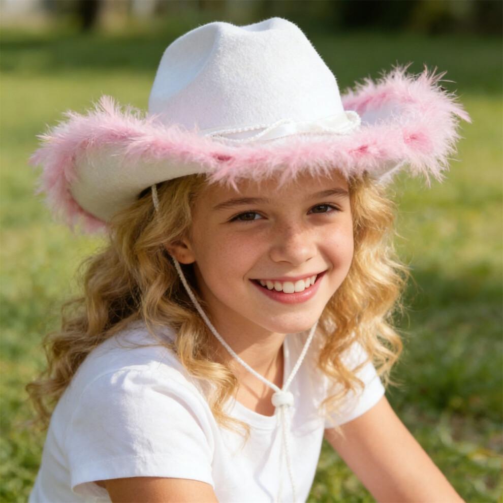 (M, White) Girls Cowgirl Hat Plush Edge Stylish Western Sun Hat with Pearl Ribbon Bow Belt Decor