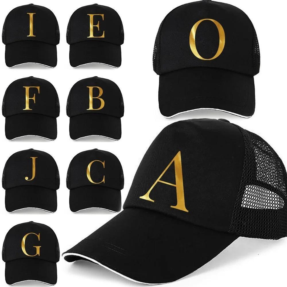 1pc AmaBe Hip-Hop Baseball Cap with Golden Letter Print, Adjustable Hook & Loop Closure, Breathable Mesh Back, Lightweight Stret
