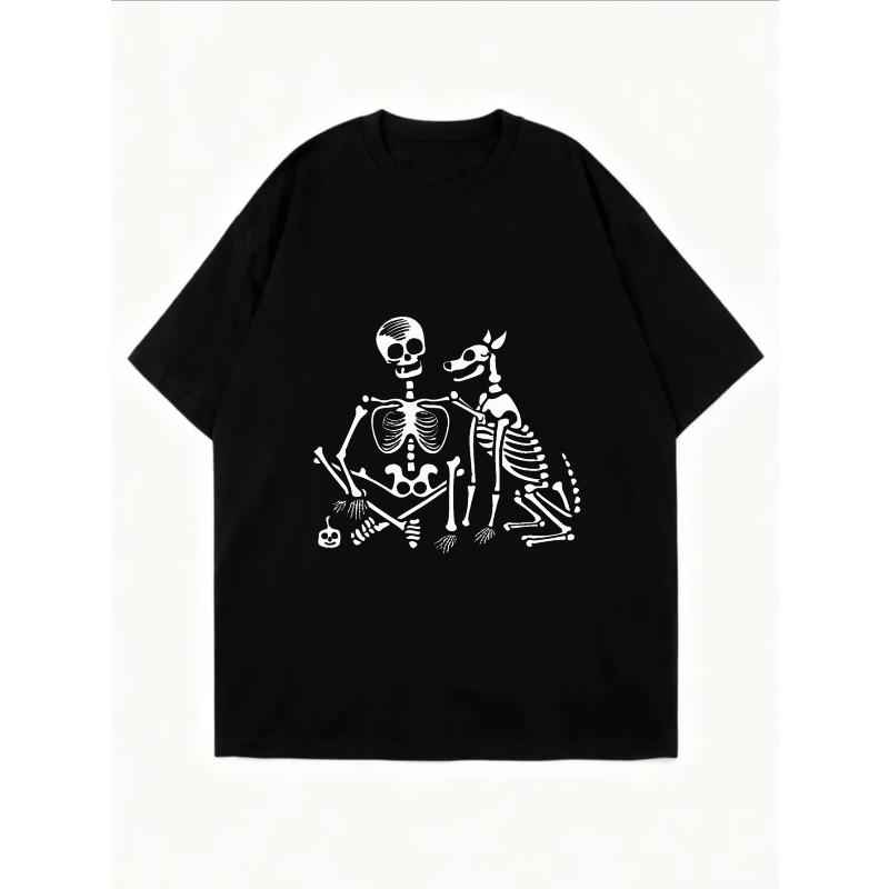Vintage Black Oversized T-Shirt with Skeleton & Dog Bone Print – Halloween Dark Aesthetic Fun Graphic Top