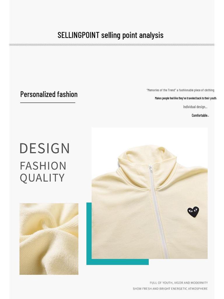 HEYPLAY Unisex Trendige Blaue Reißverschlussjacke mit Rotes Herz & Großem Schwarzen Herz auf dem Rücken, Kapuzenpullover mit Stehkragen.