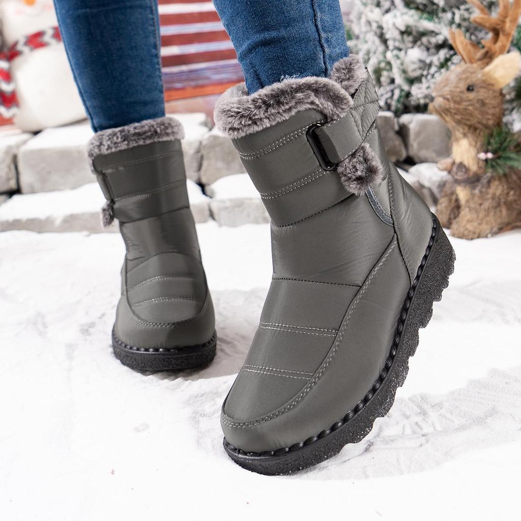 Women's 2025 Waterproof Rabbit Fur Snow Boots, European Size 45, with Widened Velcro Mid-Tube Design
