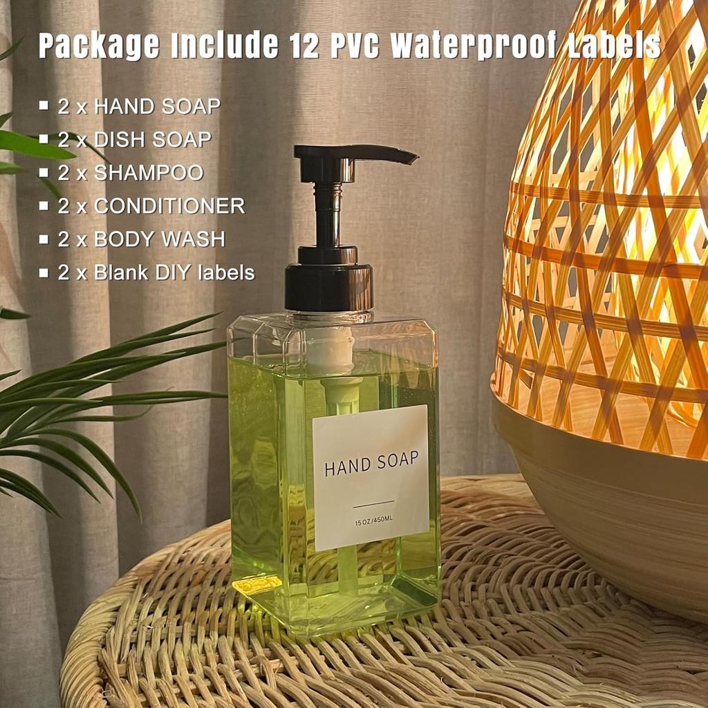 Clear Soap Dispenser with Waterproof Labels, Thickened Plastic Hand Soap Dispenser for Bathroom, Kitchen Dish Washing Liquid Bottles, Shampoo and