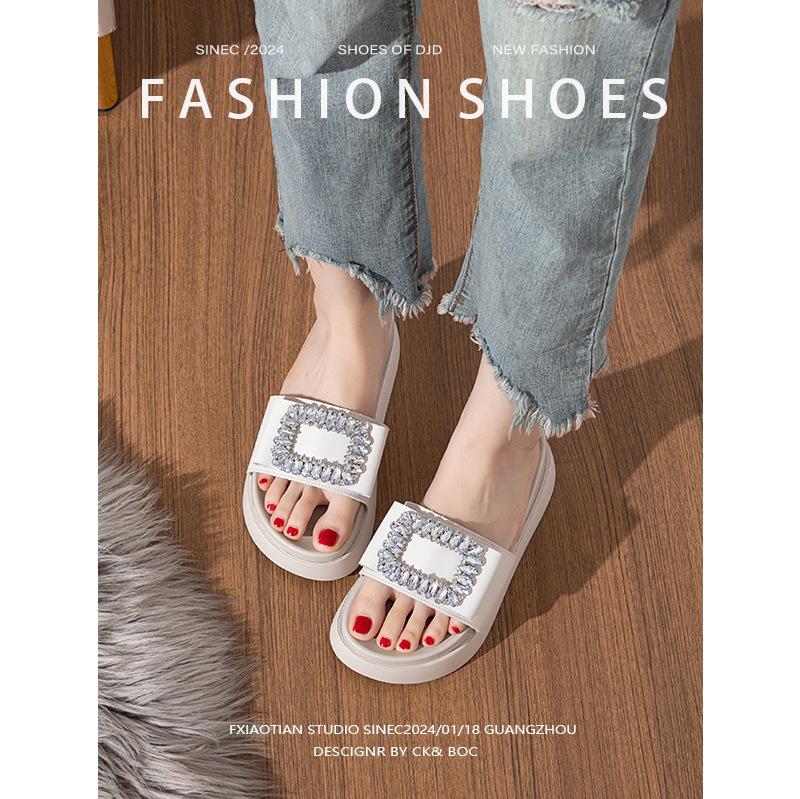 5cm thick-bottomed cool slippers fashionable rhinestone one-word muffin bottom non-slip flat bottom summer new versatile vacation style