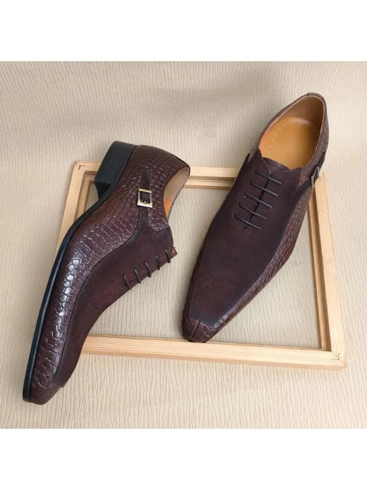

Туфли ручной работы для мужчин, деловые, формальные, оксфорды из коровьей замши + первый слой коровьей кожи, пэчворк, офисные, на шнуровке, свадебные, мужские 39 коричневый