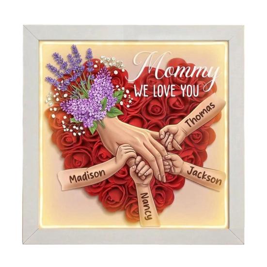 

Personalized Mommy Holding Hands Shadow Box with Ring And Manicure, Custom Names Floral Heart Picture Frame, Mother s Day Gifts for Mom Grandma M F білий