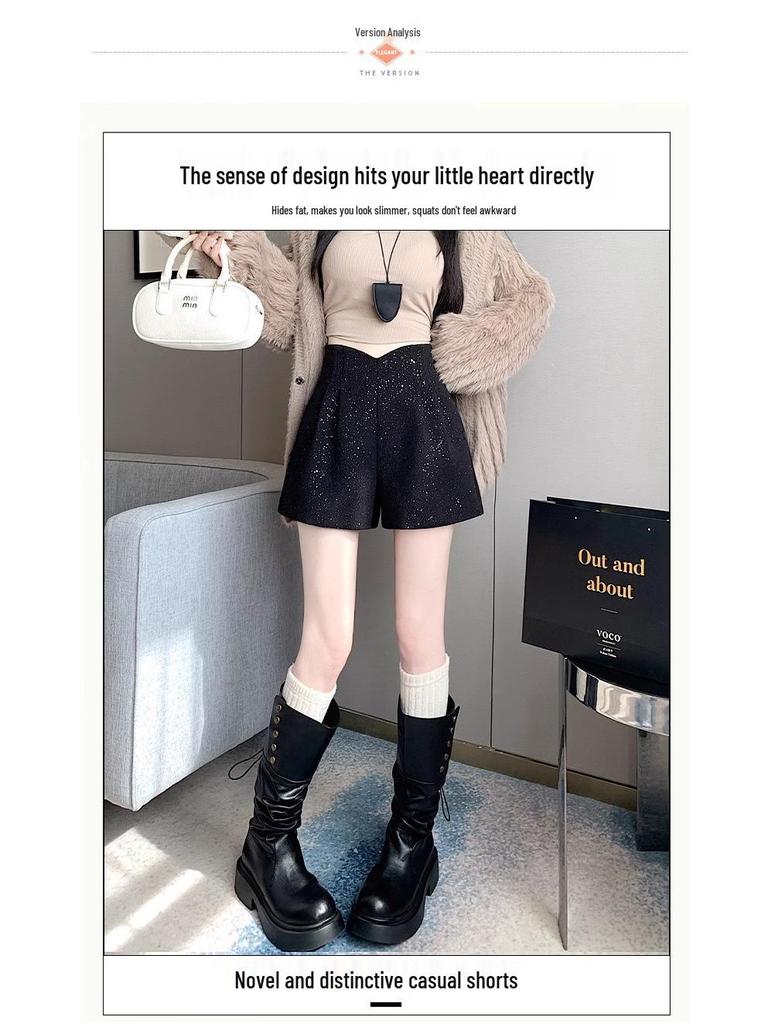 Women's High-Waisted Sequin Tweed Wide-Leg Shorts, Autumn/Winter 2025, Plus Size Slimming Design