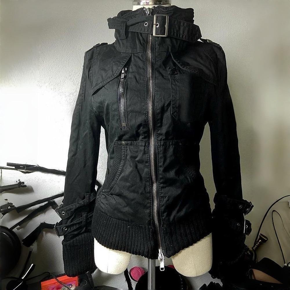 

VAYLA Субкультура Харадзюку Винтажные Сафари Пальто с Капюшоном Женские Толстовки на Молнии Повседневная Уличная Одежда Гранж Куртка Y2k Воротник-стойка XL чёрный