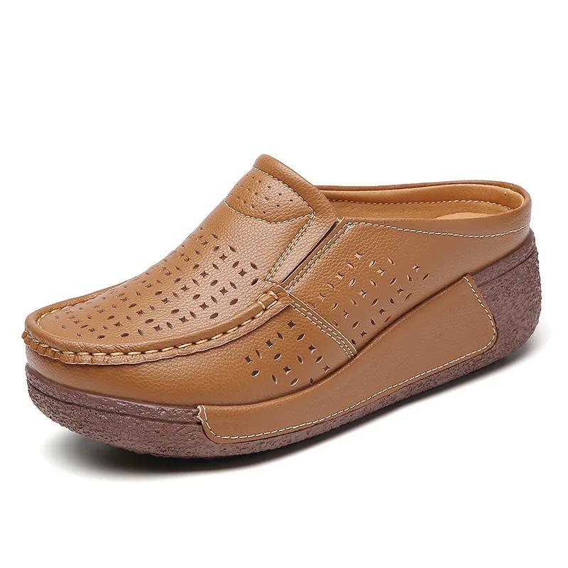 Fashion Spring Autumn Women Platform Slippers Summer Breathable Outdoor Casual and Comfortable Leather Half Slippers Zapatillas De Mujer
