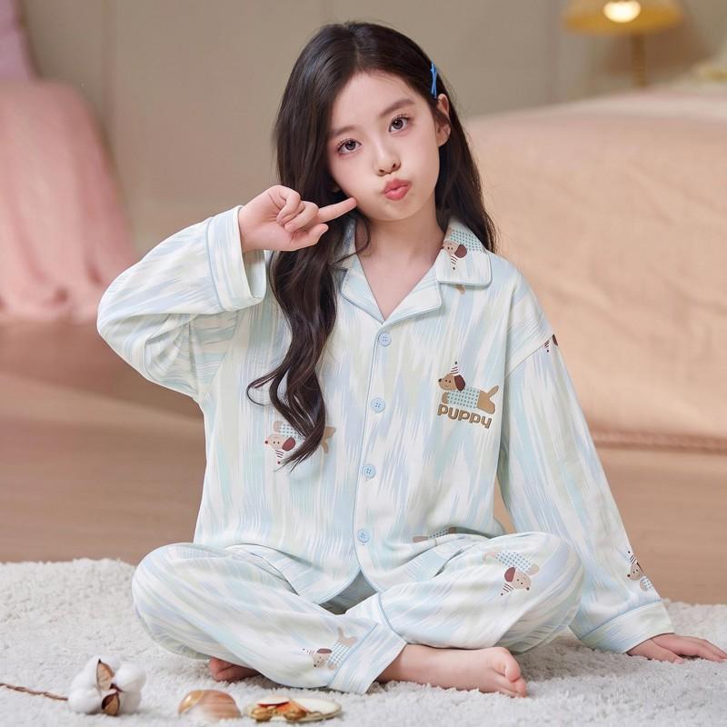 100% Cotton Girls Pajama Set Long Sleeve Cartoon Print Sleepwear Open Front Robe Style Fall