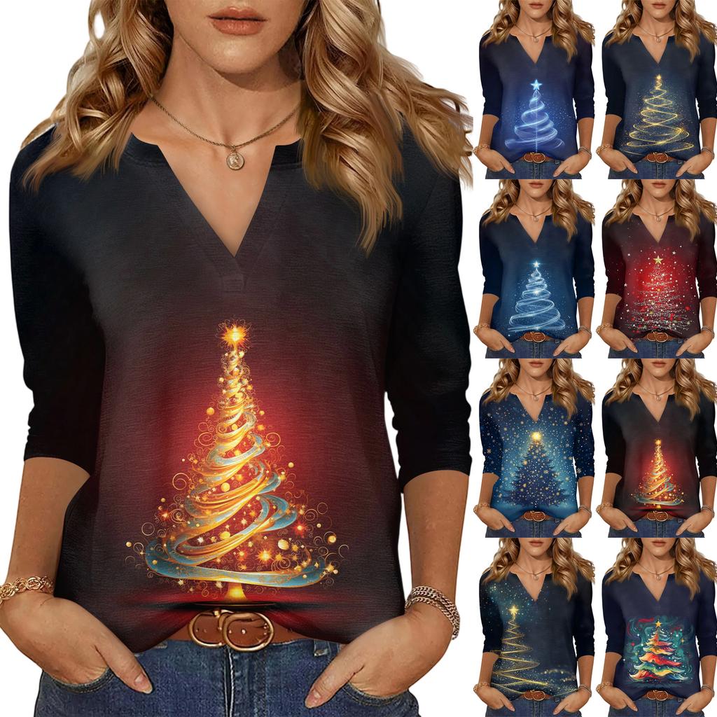 Women's Casual Fashionable Sexy Comfortable V-Neck Christmas Three-Quarter Sleeve Top