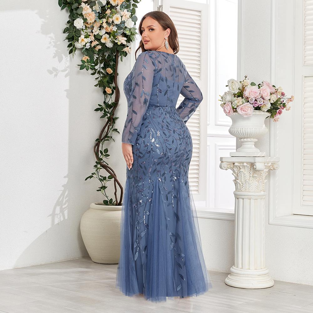 Plus Size Elegant Embroidered Mermaid Dress Round Neck Long Sleeve Lined Back Zipper