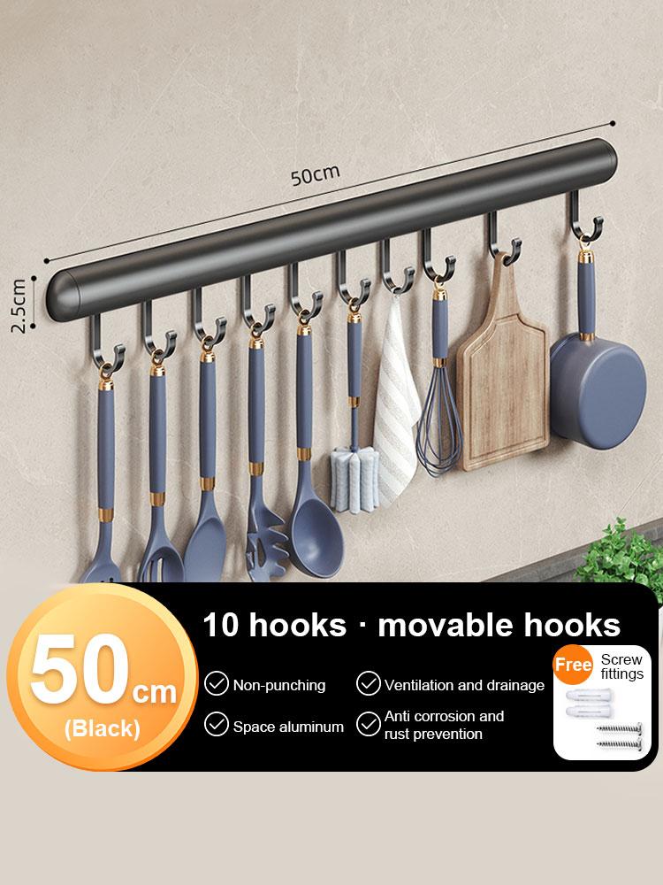 30-50cm Wall Mounted Kitchen Hook Rack Aluminum Cabinet Storage Kitchen Utensils Rack Spoon Shovel Movable Hook Hardware Access