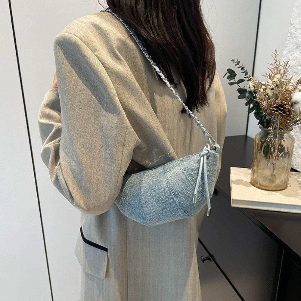 Chain Denim Dumpling Bag Half Moon Nylon Shoulder Bag Elegant Croissant Pack Satchel  Travel