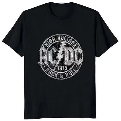 Camiseta Estampada de Moda AC High Voltage 1975 DC com Gola Redonda e Manga Curta, Tops Casuais para o Dia a Dia, Roupas Femininas