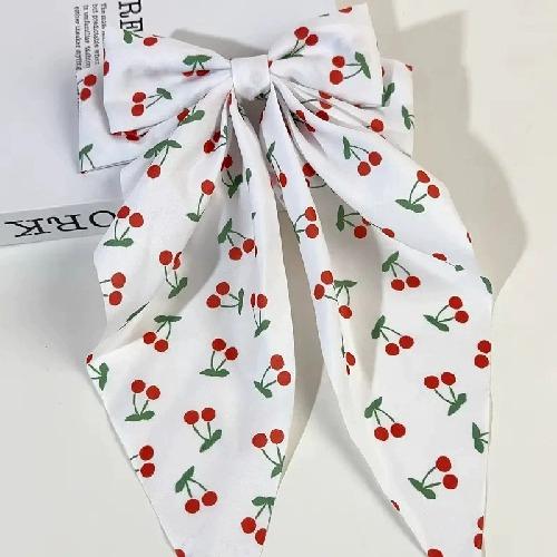 Double Layer Bow Spring Hair Clip Cherry Print Ponytail Hairpin Long Ribbon Fabric Hair Clip Girls Sweet Elegant Accessories New