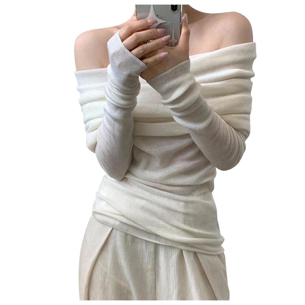 Damen-Strickpullover mit French Line-Schulter, schmaler Passform, schulterfrei, langen Ärmeln, einfarbig