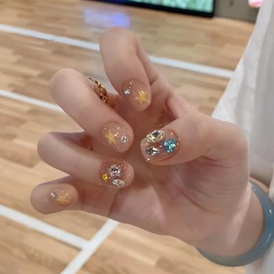 Diamonds, Sparkling Diamonds, Hand-painted Stars, Summer Short Models, Purely Handmade Wearing Armor, Cute Daily Handmade Manicure, Fake Nails