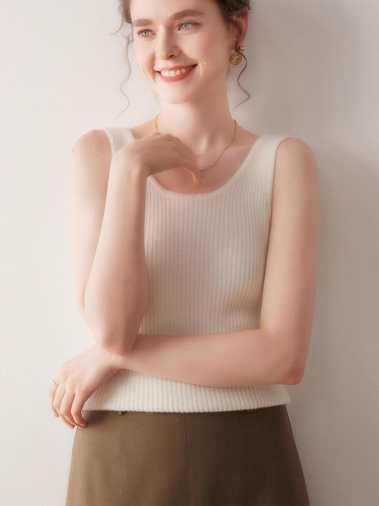 Women's 100% Pure Cashmere Striped Slim-Fit V-Neck Sleeveless Knit Vest