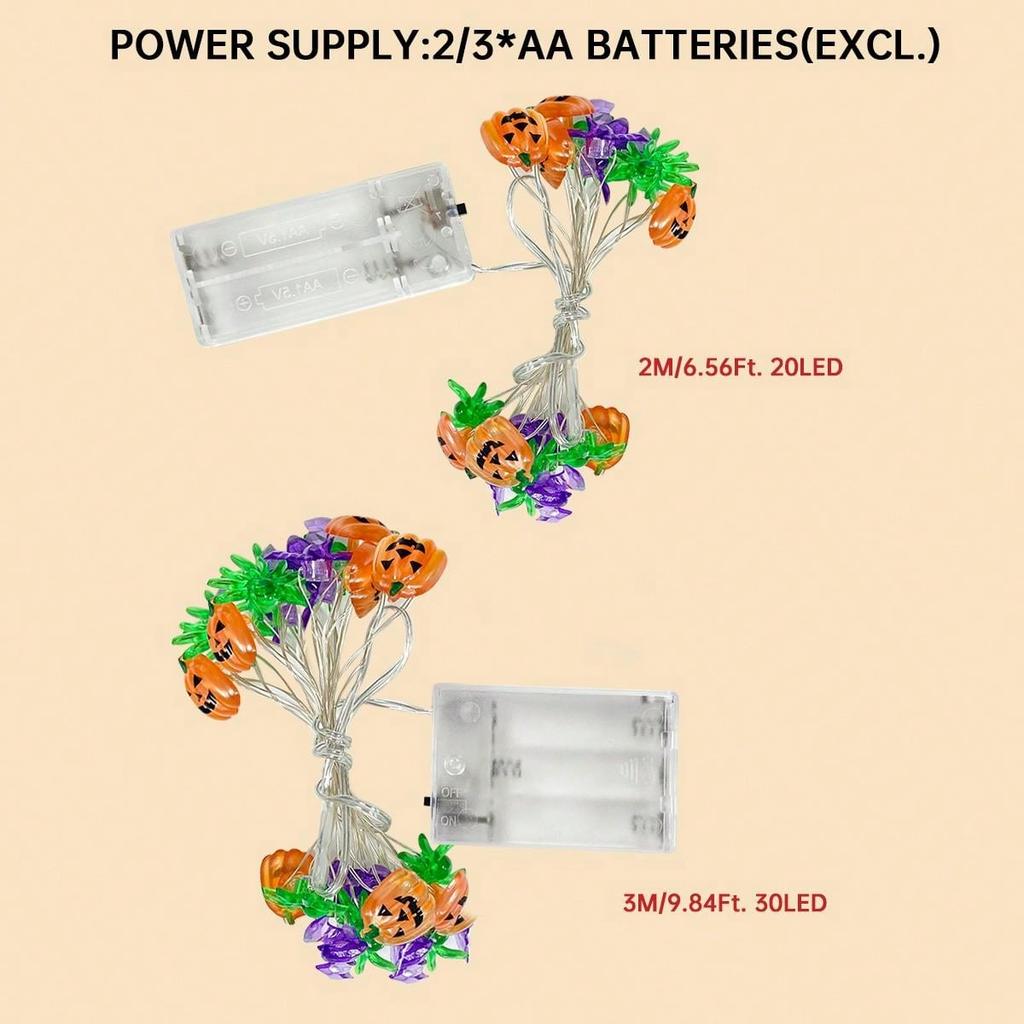 1PC Pumpkin Spider Bat Halloween String Lights 20/30 LED Copper Wire Fairy Lights For Home Porch Party Indoor Festival Decor