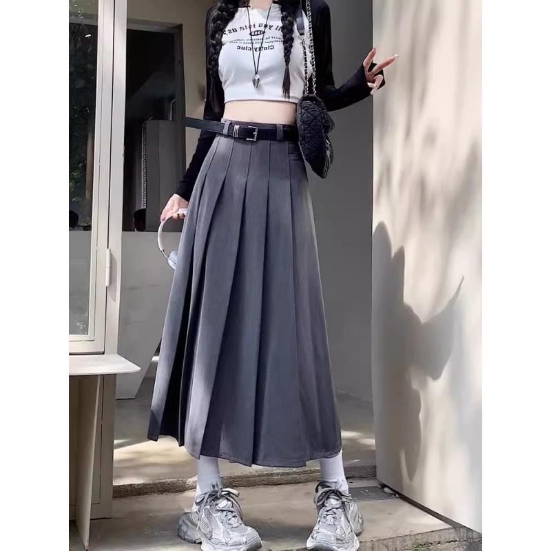 High-end Gray Suit Pleated Skirt Women's Spring and Autumn High Waist a Word Medium and Long Skirt Small New