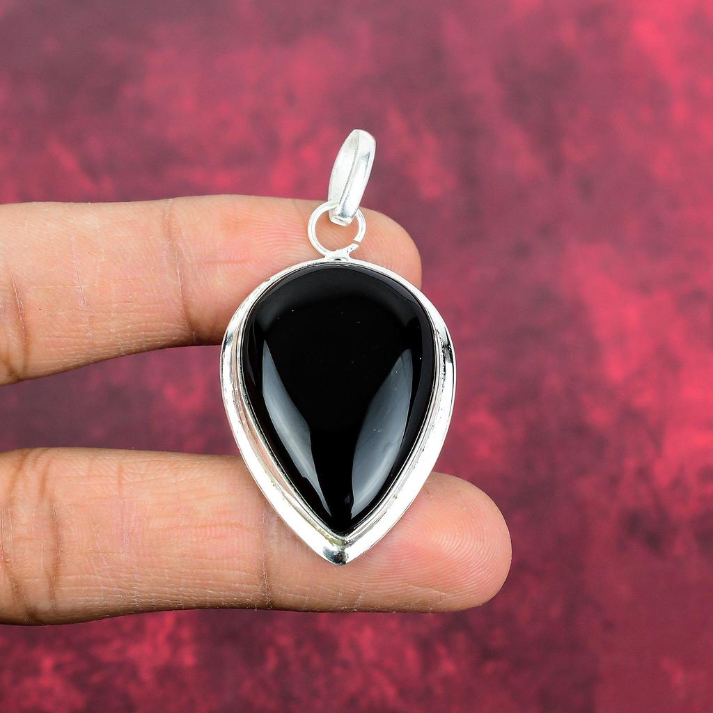 Smycken i svart onyx, hänge i massivt 925 sterlingsilver, handgjorda ädelstenssmycken, presenter till fru, helt nytt hänge