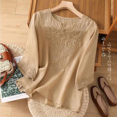 Solid Color Cotton Linen Mid-sleeve Women Summer V-neck Embroidered Fashion Casual Versatile Thin Shirt
