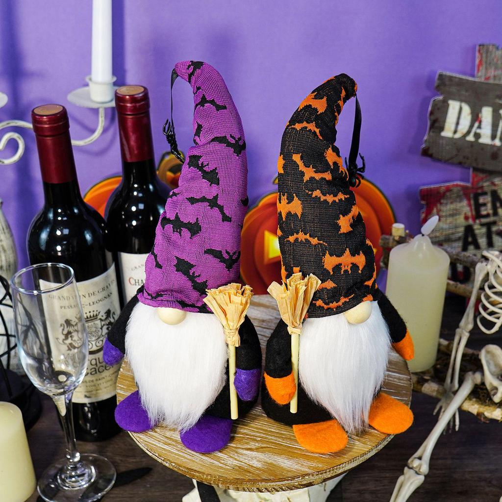 Faceless Halloween Gnome Doll with Broom and Spider Bat Decorations