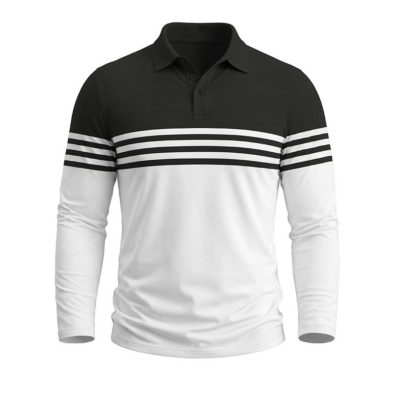 Men Striped Color Block Long Sleeve Polo Shirts Autumn Turn-Down Collar Patchwork Tops Casual Daily Golf T Shirts