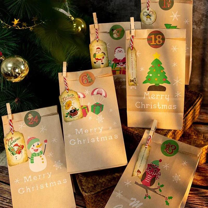 24pcs/Set Kraft Paper Bags with Stickers Snowflake Cookie Food Bag Merry Christmas Candy Gift Bag Xmas Decoration Packing