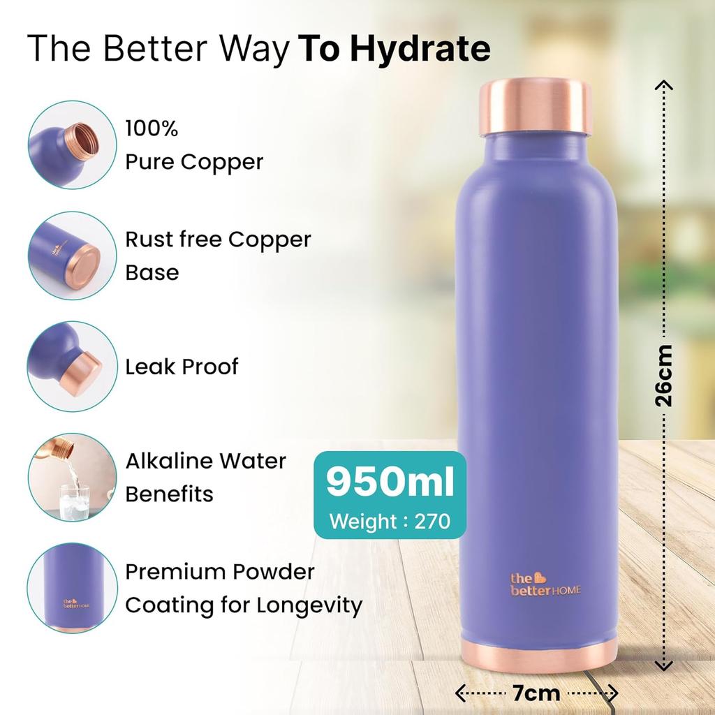 Медная бутылка фиолетовая (950 мл), Copper Water Bottle Purple,  The Better Home