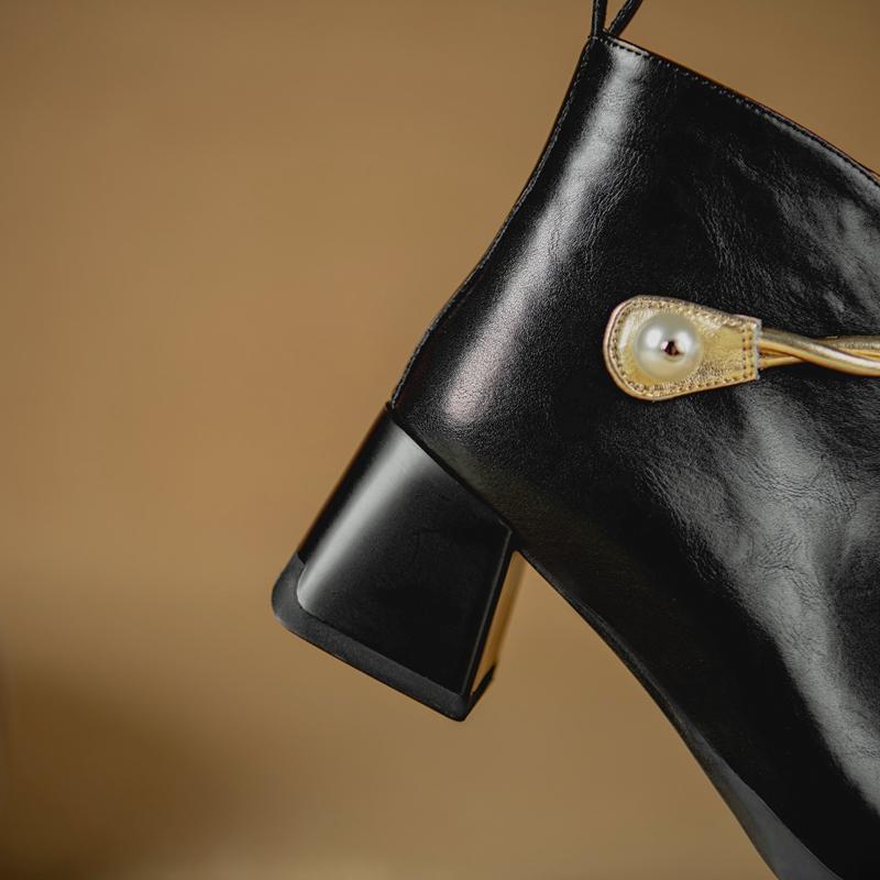 Fashion Women's New Autumn and Winter Square Toe Leather Cowhide Metal High-heeled Plus Size and Calf Elastic Fashion Short Boots