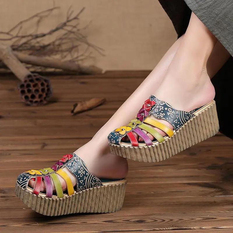 Fashion GKTINOO 2025 Summer Shoes Women Wedge Slides Cover Toes Handmade Flower Thick Heels Genuine Leather Lady Platform Slippers