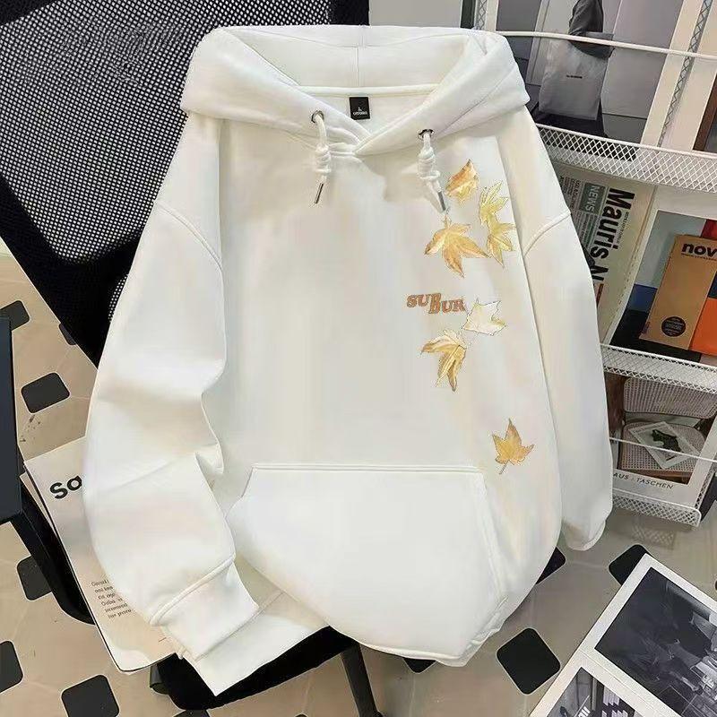 Vintage Maple Leaf Print Hooded Sweater for Men and Women, Autumn and Winter Loose and Versatile Velvet Thickened Coat Top Tide