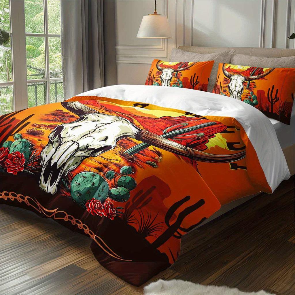 3pcs Wild West Sunset Cactus Cow Skull Bedding Duvet Cover Set Wild West Themed Bed Quilt Set Western Style Bedroom Decor