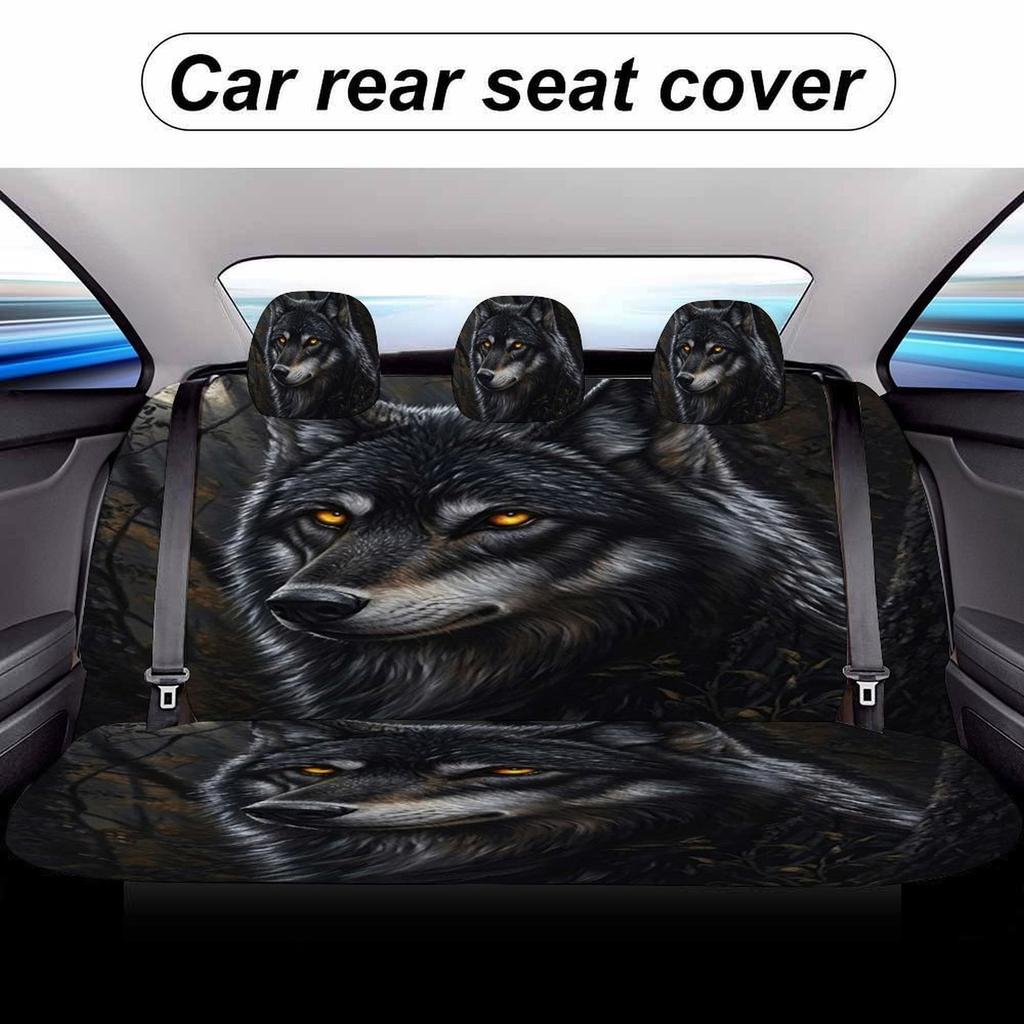 [Howling Wolf Illustration] Wolf In Moonlight Car Seat Cover Set - Stylish Black & Gray, Universal Fit, Machine Washable Polyest