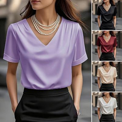 Damen T-Shirt Einfarbige Lockere Passform Glattes Satin V-Ausschnitt Kurzarm Oberteile Sommer Lässiges T-Shirt Tägliche Kleidung