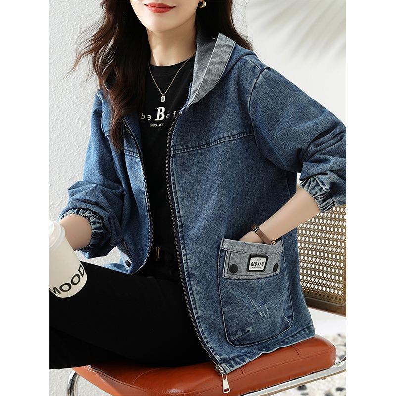 Hooded Denim Jacket Short Jacket Women's Spring New Casual Large Size Loose and Thin Age-reducing Top