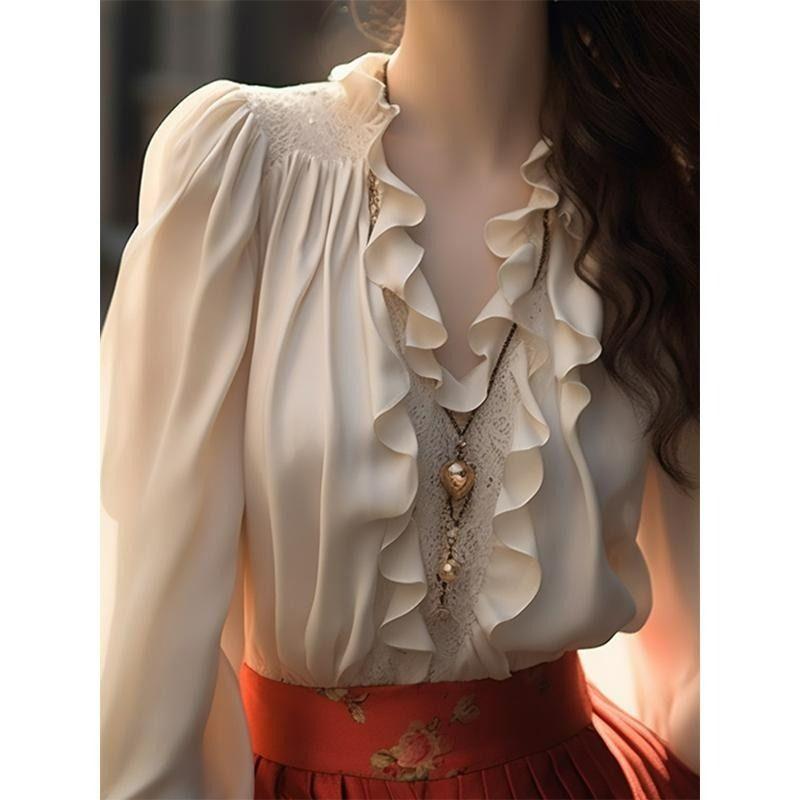 Women's Clothing V-Neck Ruffles Patchwork Solid Color Pullover Lantern Long Sleeve Chiffon Casual Elegant Korean All-match Tops