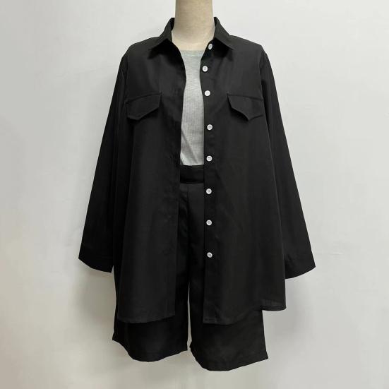 2 Pcs/Set Women Shirt Shorts Set Solid Color Long Sleeves Lapel Blouse