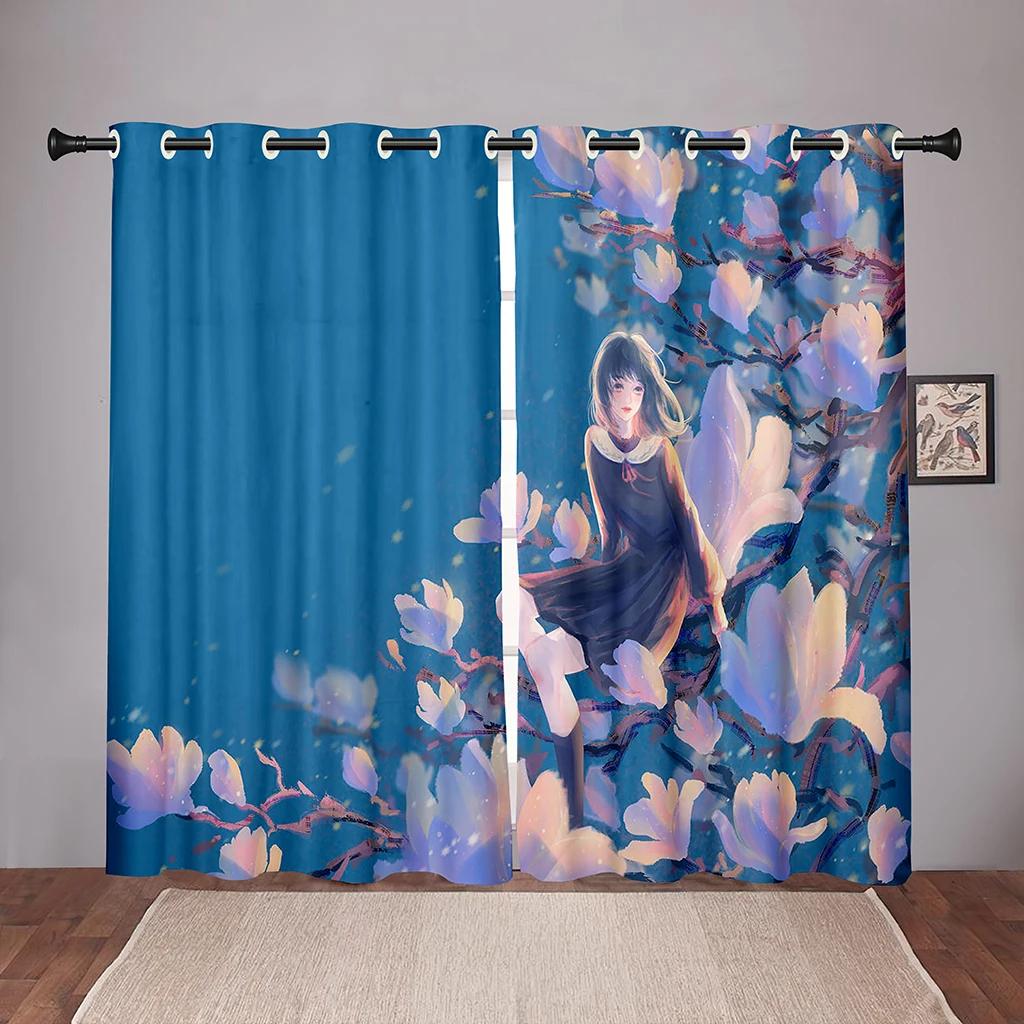 Cartoon Flower Floral Maid Girl Blackout Window Curtains for Bedroom Living Room Bathroom Kicthen Door Hall High Shading New