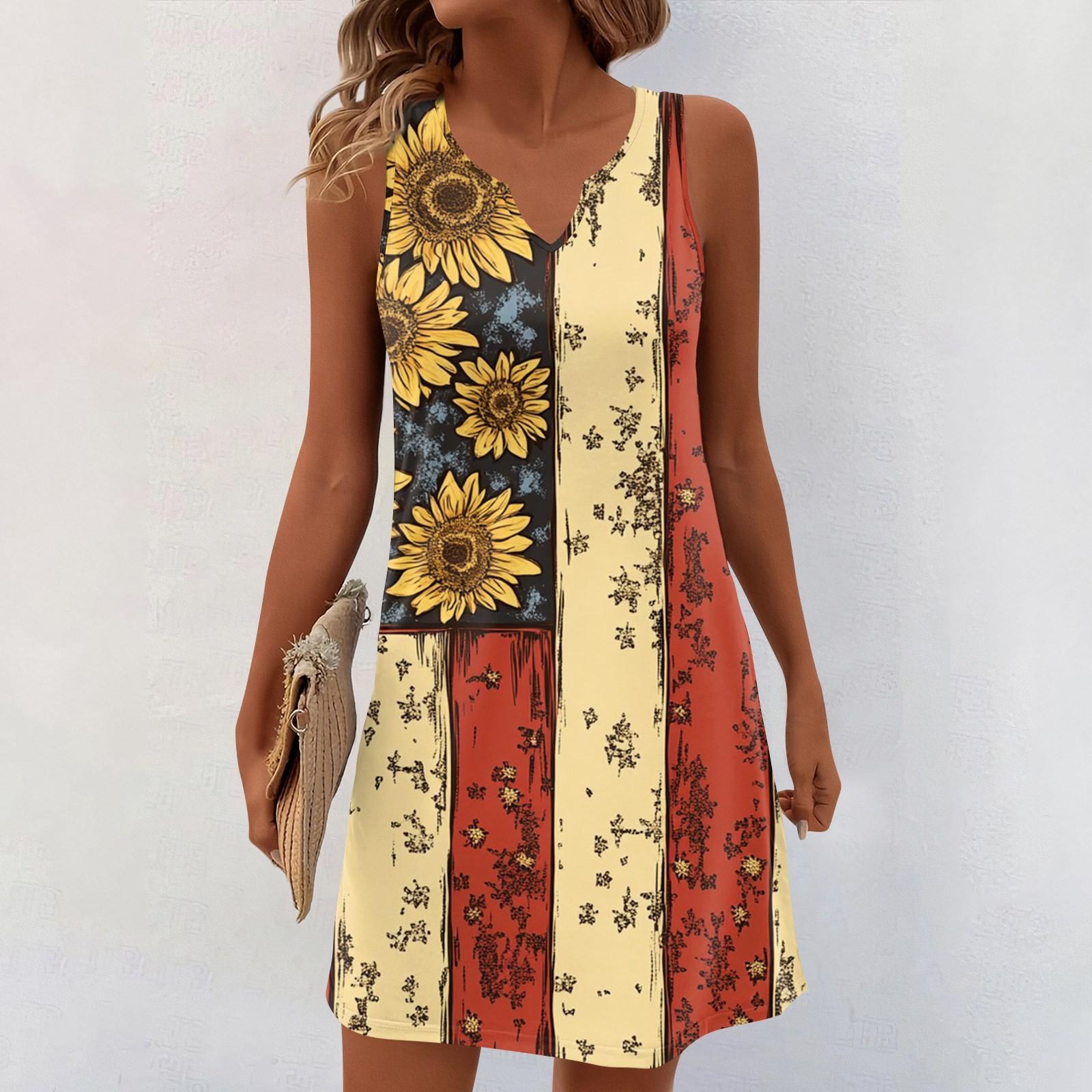 

Жіночі літні сукні з V-подібним вирізом і принтом без рукавів. Повсякденна сукня XL жовтий