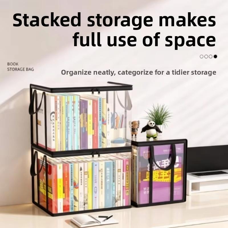 Space Saving Clear Transparent Book Storage Organizer with Sturdy Zipper Comfortable Handles for Bedroom Closet Storage