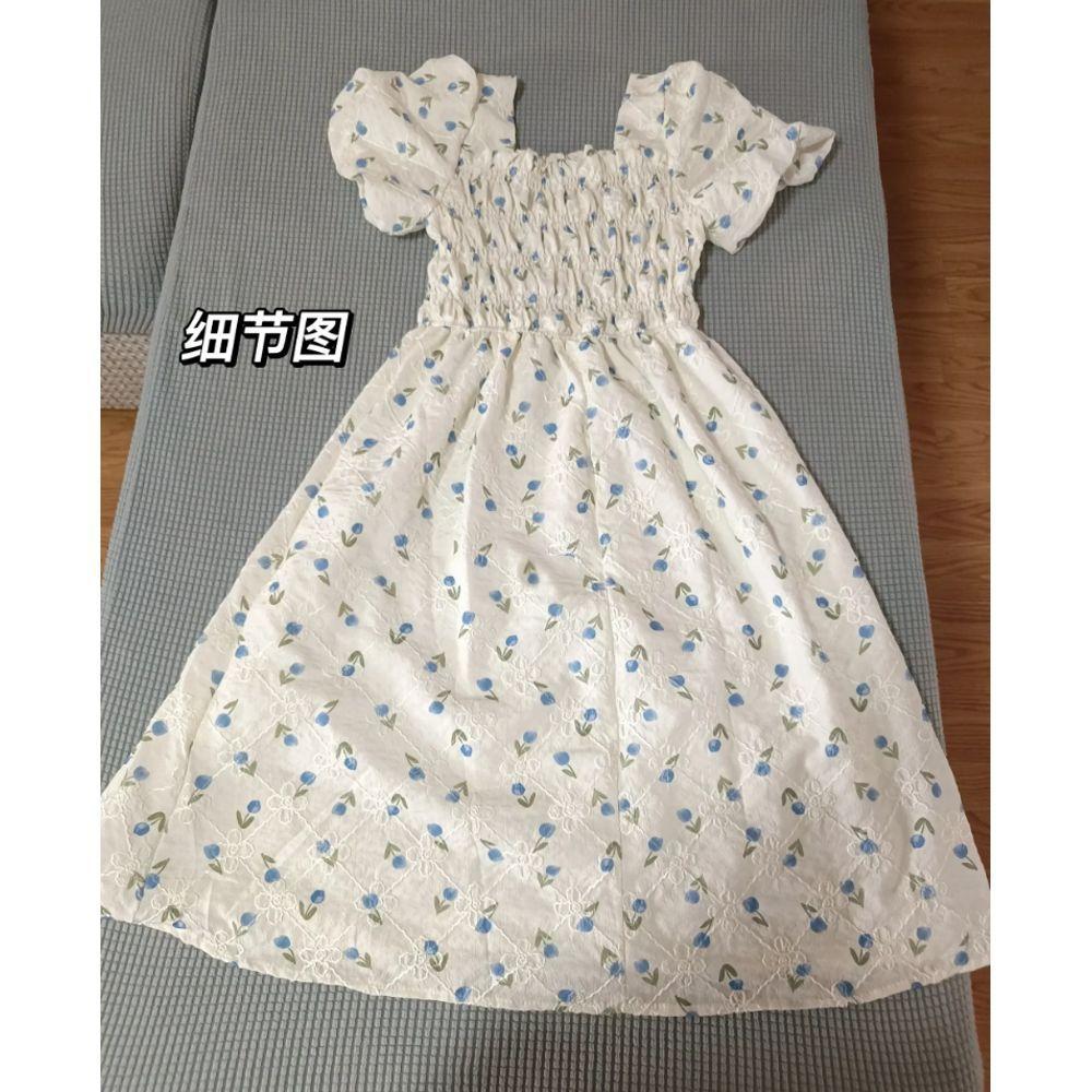 Temperament dopamine sweet wind square neck floral skirt spring and summer new fashion small fresh dress medium and long dress women